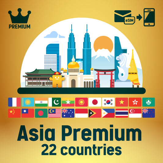 Asian Premium Premium se puede utilizar en 22 países para el plan de uso de ESIM/datos prepagado