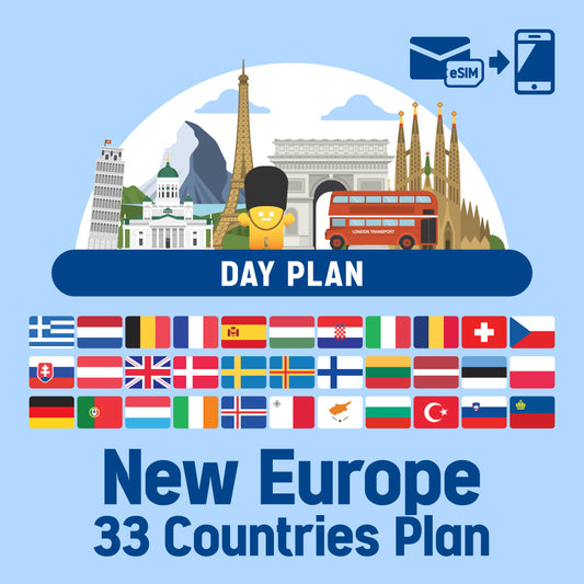 Prepaid ESIM Plan/Day Plan that can be used in 33 countries, mainly in Europe