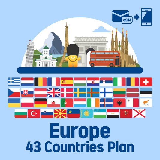 可以在43个国家/地区使用的预付费ESIM/日计划，主要在欧洲
